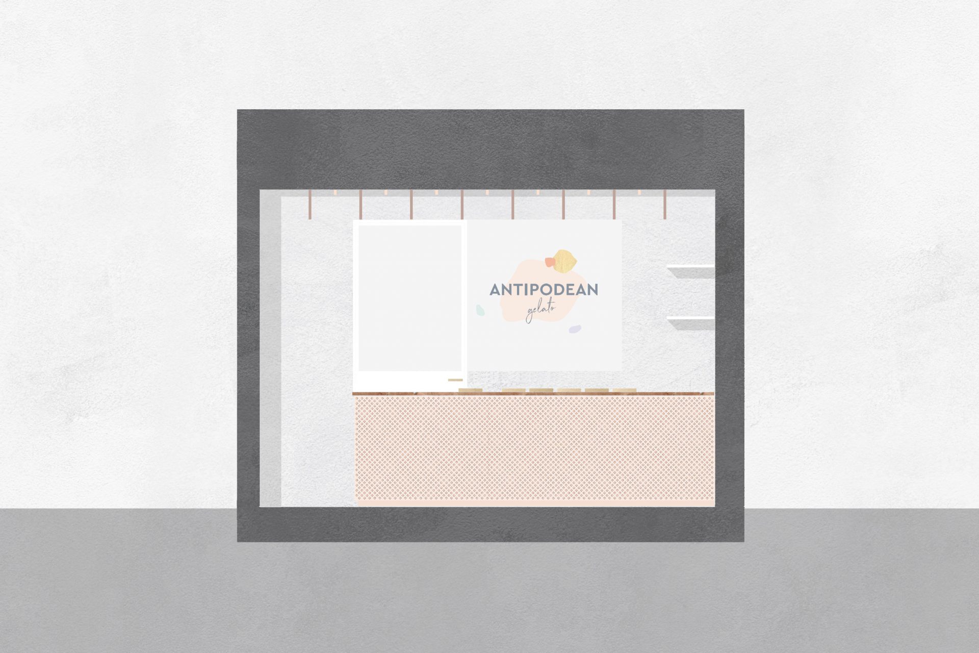 Studio ABERJA Antipodean Gelato Robin Heather Juliane Maier Frankfurt Nordend Eiscafe Interiordesign Cafe Mamor Naturstein Messing Brass Marble Designer Möbel Material Struktur Lochblech PerforatedMetal Schnitt Plangrafik sectiondrawing